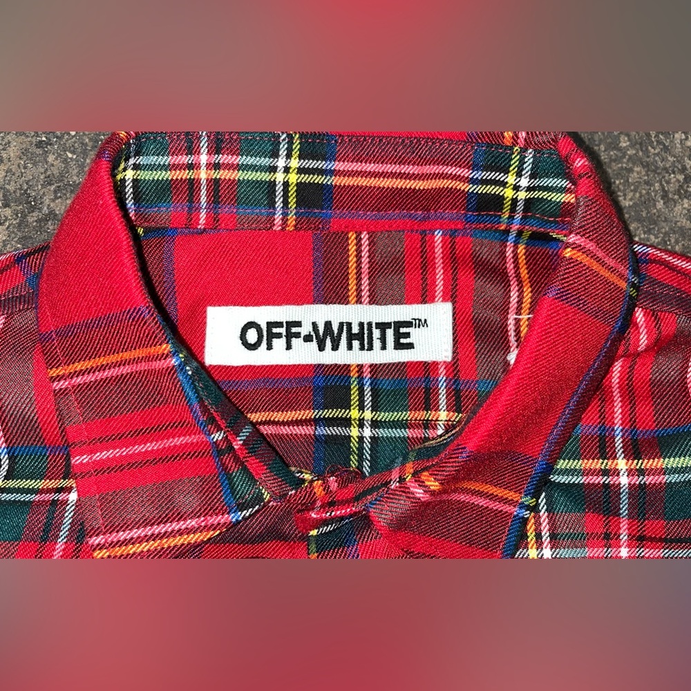 Off-White Red Tartan Plaid Button-Down Shirt with White Graphic Back - Picture 8 of 15